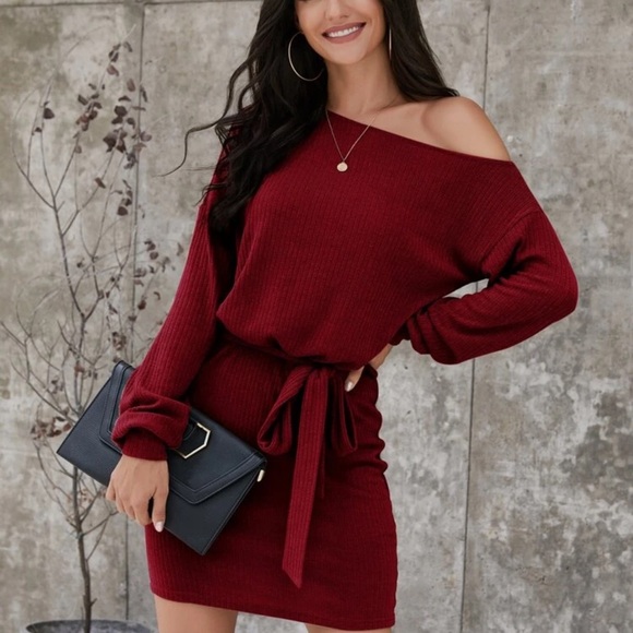 Dresses & Skirts - Burgundy off the shoulder rib knit sweater dress